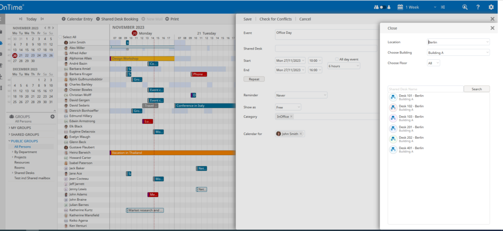 An example of what the room and desk search looks like in the OnTime Calendar, allowing one to search desks in specified buildings, floors and with an overview over which desks are available at the chosen time.